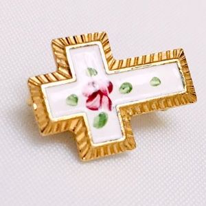 Vintage Hand Painted Enamel Floral Gold Cross Brooch or Pin